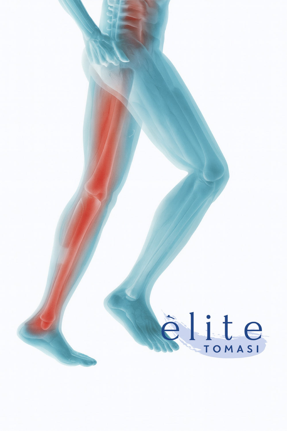 Illustrazione anatomica di gambe e piedi con logo Elite Tomasi
