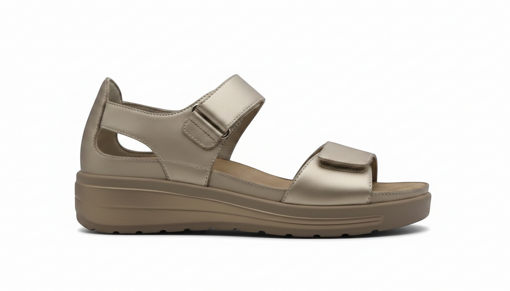Sandalo Elite Tomasi Store color oro in pelle con chiusure a strappo e plantare estraibile per massimo comfort