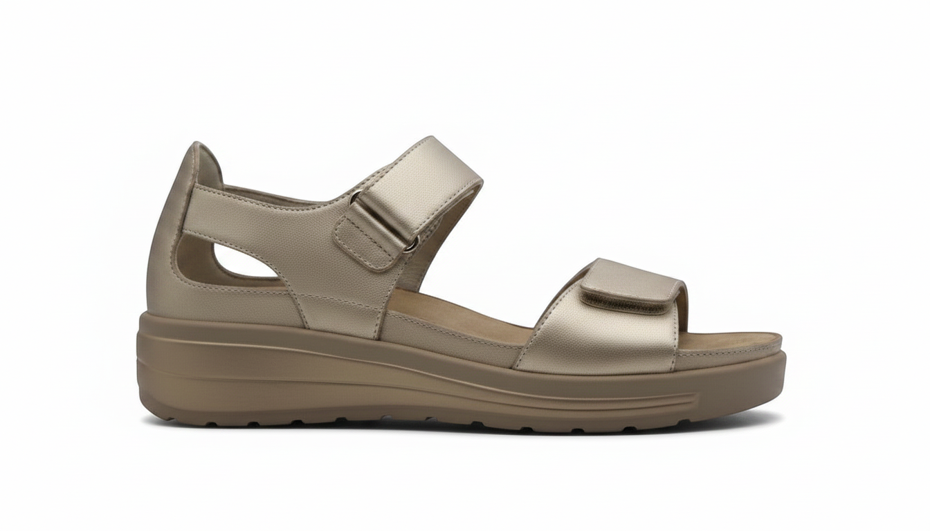 Sandalo Elite Tomasi Store color oro in pelle con chiusure a strappo e plantare estraibile per massimo comfort